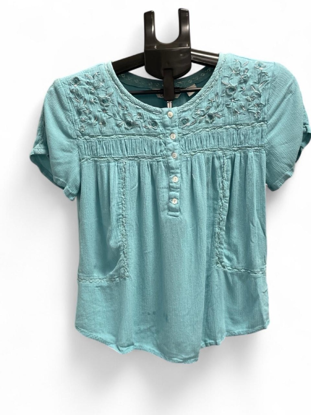 Aqua Embroidered Short-Sleeve Button Henley Blouse